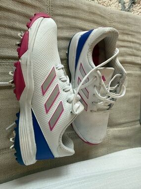adidas Girls White Athletic Golf Shoes with Pink and Blue Accents